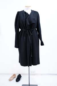 Frontpage: Black wool coat with silk lapel and waist tie front