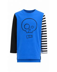 Tops: Longsleeve Tall Tee - Blue with Mismatched Sleeves