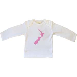 1: Kiwiana Tee - Pink NZ Map - Long Sleeved