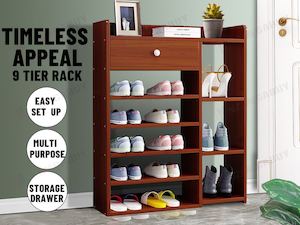 Bedrooms Furniture: 9 Tiers Wooden Shoe Rack Cabinet "Brown"