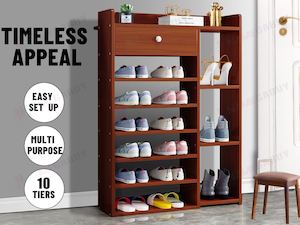 Bedrooms Furniture: 10 Tiers Wooden Shoe Rack Cabinet "Brown"