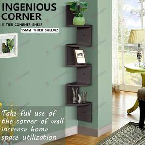 5-Tier Corner Floating Wall Shelf – Black Wooden Display Rack