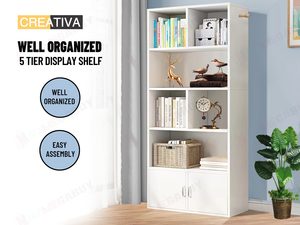 Extra Wide White Bookcase with Open & Closed Shelves for Home & Office