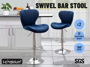 Bar Stools Chairs: 2x Blue Velvet Bar Stools NZ – Adjustable Swivel Kitchen Counter Chairs