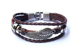 Jewellery Sale: Leather Bracelet Retro Cuff Rope Brown Steel Wing with Anchor Clasp (18)