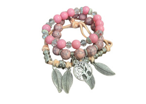 Jewellery Sale: Pink Feather Tree of Life Bracelet - 3pc Stack (39)