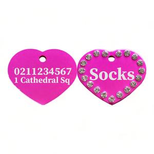 Name Front & 1 Number Address Back | Bling Aluminum Heart | Cat & Dog ID Pet Tag