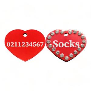 Name Front & Number Back | Bling Aluminum Heart | Cat & Dog ID Pet Tag