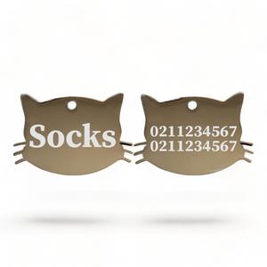 Name Front & 2 Numbers Back Cat Whiskers | Mirror Stainless | Cat ID Pet Tag