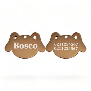 Dog Face: Name Front & 2 Numbers Back Dog | Mirror Stainless | Dog ID Pet Tag