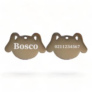 Dog Face: Name Front & Number Back Dog | Mirror Stainless | Dog ID Pet Tag