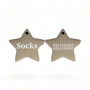 Name Front & 2 Numbers Back | Mirror Stainless | Star Dog & Cat ID Pet Tag