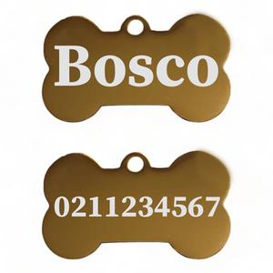 Mirror Bone: Name Front & 1 Number Back | Mirror Stainless | Bone Dog ID Pet Tag