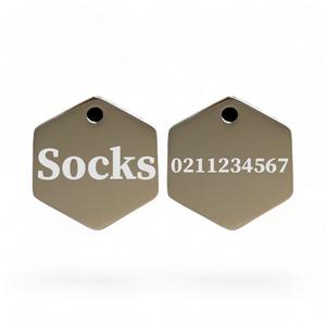 Mirror Hexagon: Name Front & 1 Number Back | Mirror Stainless | Hexagon Cat & Dog ID Pet Tag