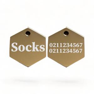 Name Front & 2 Numbers Back | Mirror Stainless | Hexagon Cat & Dog ID Pet Tag