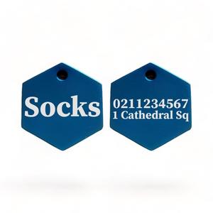 Name Front & 1 Number Address Back | Mirror Stainless | Hexagon Cat & Dog ID Pet Tag