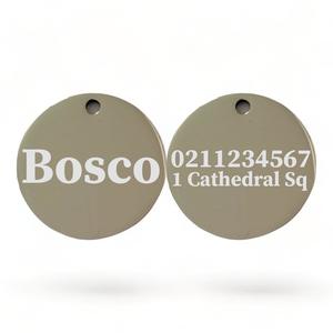Round Mirror: Name Front & 1 Number Address Back Round | Mirror Stainless | Dog ID Pet Tag