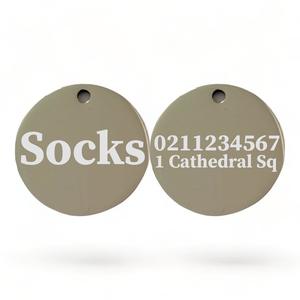 Round Mirror Cat: Name Front & 1 Number Address Back Round | Mirror Stainless | Cat ID Pet Tag