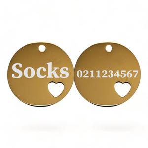 Round Heart Mirror: Name Front & Number Back Round Heart | Mirror Stainless | Cat & Dog ID Pet Tag