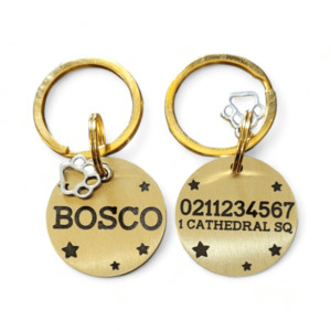 Round Brass: Name Front & 1 Number Address Back Bespoke Brass Cat & Dog ID Pet Tag