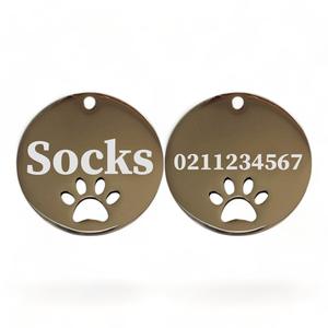 Round Paw Print Mirror: Name Front & Number Back Round Paw Print | Mirror Stainless | Cat & Dog ID Pet Tag