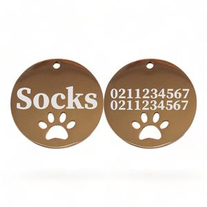 Name Front & 2 Numbers Back Round Paw Print | Mirror Stainless | Cat & Dog ID Pet Tag