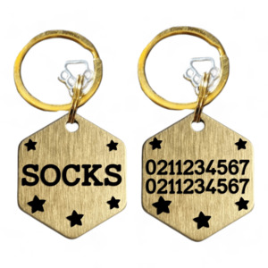 Name Front & 2 Numbers Back Bespoke Brass Hexagon Cat & Dog ID Pet Tag