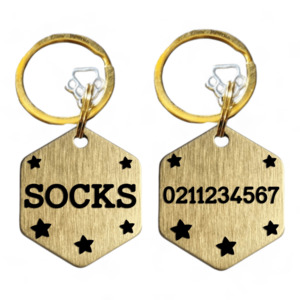 Name Front & Number Back Bespoke Brass Hexagon Cat & Dog ID Pet Tag