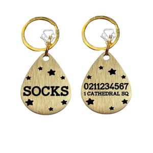 Teardrop Name Front & 1 Number Address Back Bespoke Brass Cat & Dog ID Pet Tag