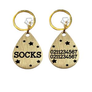 Teardrop Brass: Teardrop Name Front & 2 Numbers Back Bespoke Brass Cat & Dog ID Pet Tag