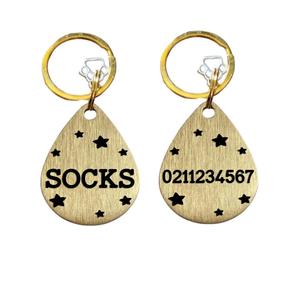Teardrop Name Front & Number Back Bespoke Brass Cat & Dog ID Pet Tag