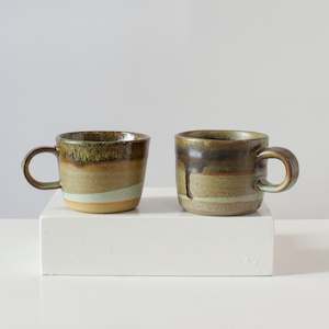 Helen Pearce: HP Mugs: brown and green on stoneware