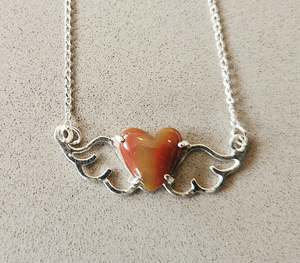 Small Heart-Wings Necklace with Jasper Heart Cab and Sterling Silver Chain