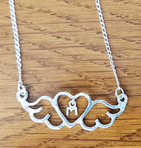 Small Heart-Wings Necklace with "M" Charm and Sterling Silver Chain