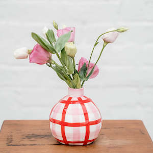 Round Bud Vase - Pink & Red Gingham