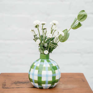 Round Bud Vase - Emerald & Cornflower Gingham
