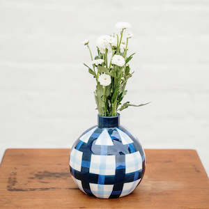 Noss And Co: Round Bud Vase - Navy & Cornflower Gingham
