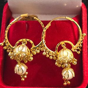 22ct Gold Earrings: 22ct Gold Bali Earrings with Pearls - GJEB037