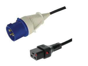 Products: Custom Cable: Fitted 16A CEEform (caravan) Plug to Moulded 16A C19-Lock Socket, Black (1.5mm2)