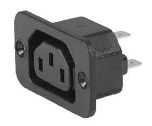 10A C13 IEC screw Mt 6.3QC shuttered (larger face) outlet Black