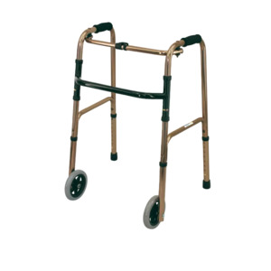 Deluxe folding walking frame with front wheels & rear stops