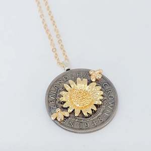 Bestsellers: Bestseller!! Re-minted Half Crown Pendant with Golden Sunflower and Bees