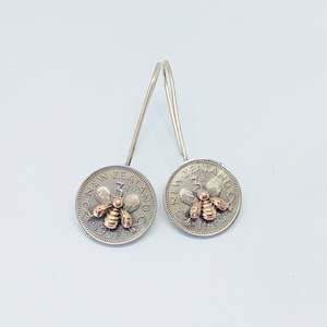 BESTSELLER! Re-minted Artisan Coin Earrings with Tiny Bees - Threepence
