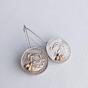 Earrings: Re-minted Artisan Large Coin Earrings with Tiny Bees