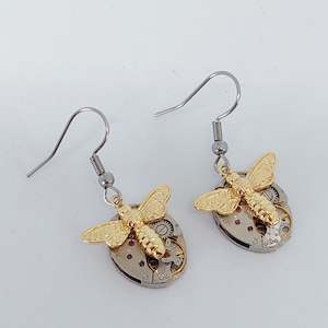 Earrings: NEW!! Timepiece Earrings with Golden Bees