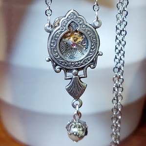 NEW!! Ornate Window Pendant with Timepiece and Pearl