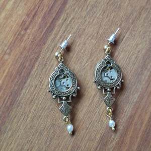 NEW! Brass Ornate Timepiece Window Earrings with Pearls