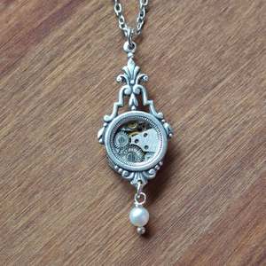 New Season Styles: NEW! Silver Ornate Art Deco Window Pendant with Timepiece and Pearl