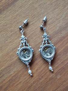 NEW! Silver Timepiece Ornate Art Deco Window Earrings with Pearls
