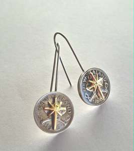 NEW! Matariki collection - Re-minted Threepence coin earrings with gold stars